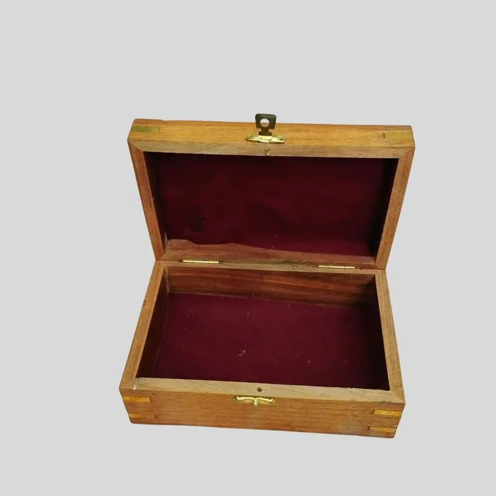 Hand-Carved Wooden Jewelry Box With Brass Elephant Inlay & Red Velvet Lining